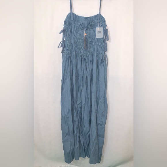 CULT GAIA Lola Smocked Linen Midi Dress Blue Steel NWT - Picture 9 of 13
